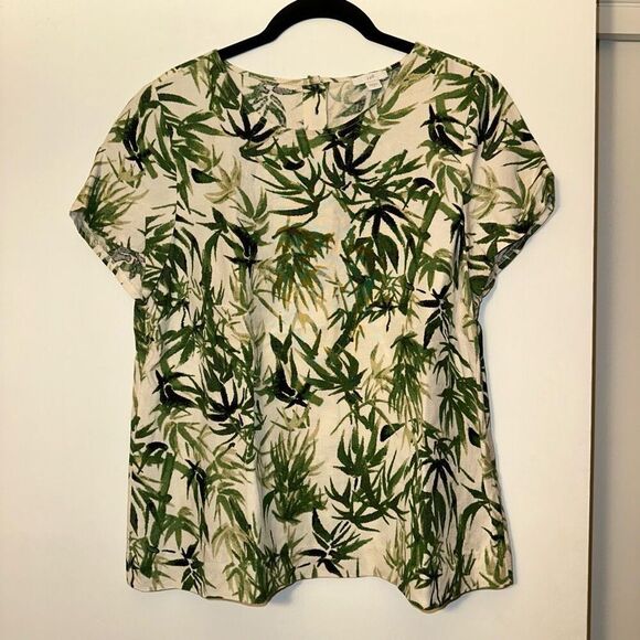 J. Jill Womens Linen Blend Button Back Tee Green Beige Tropical Palm Small EUC - Picture 1 of 11